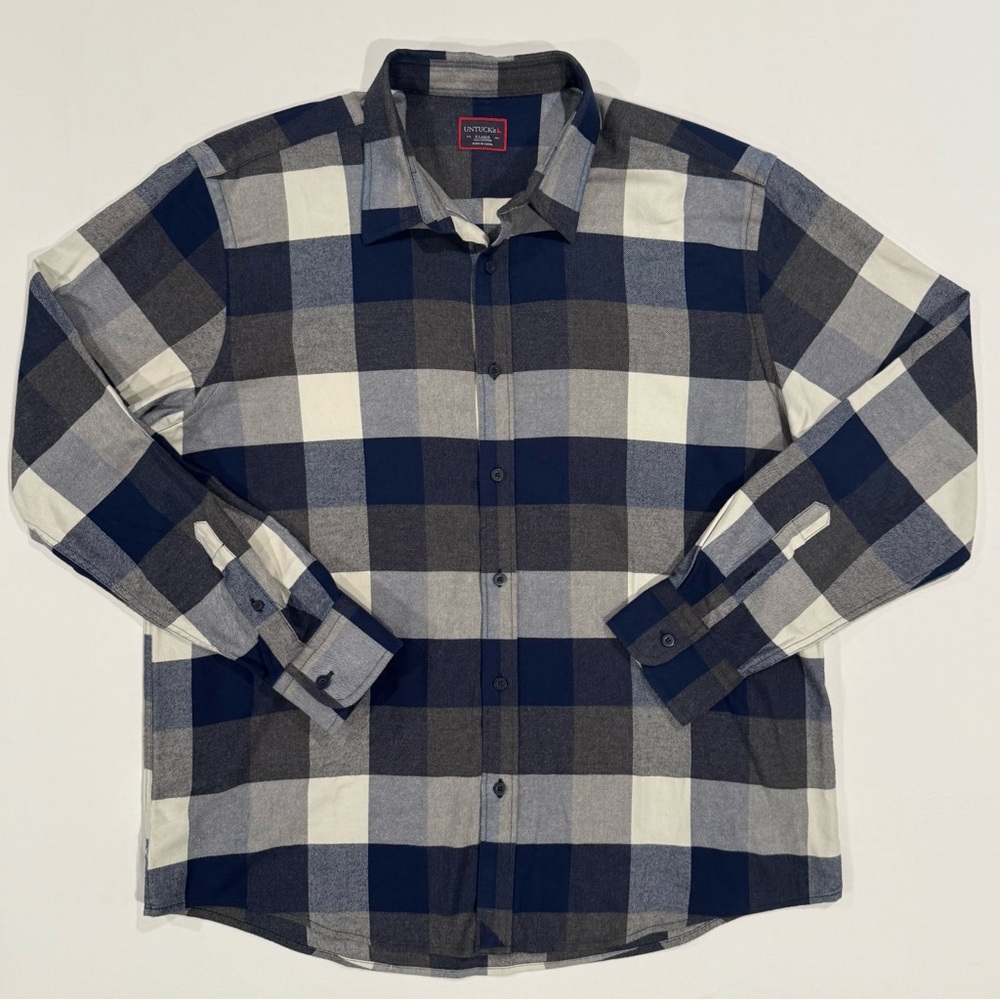 UNTUCKit Flannel Shirt Mens XL Navy Blue Grey White Box Plaid Cotton Button Down